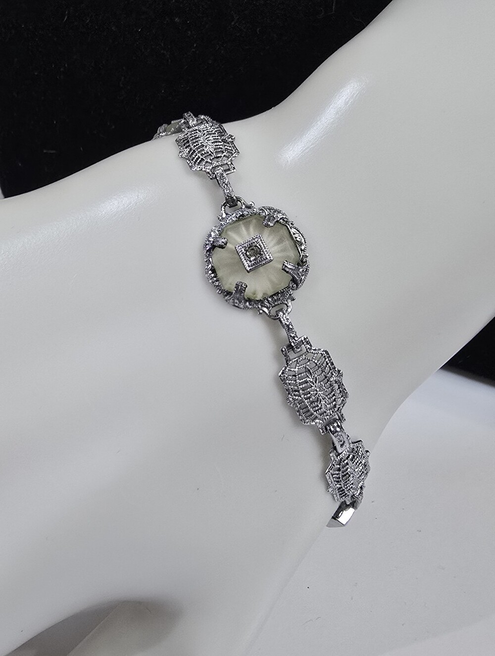 Camphor Glass Art Deco 1920s Rhodium Plated Filigree Bracelet